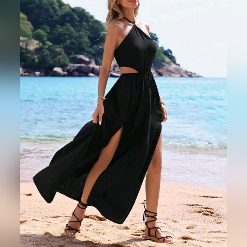 New Chic Cut Out Double Split Halter Maxi Dress Black